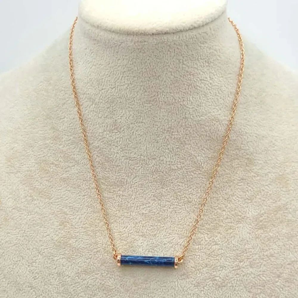 J Crew Rose Gold Chain Blue Marbles Stone Circular Bar Necklace NEW!